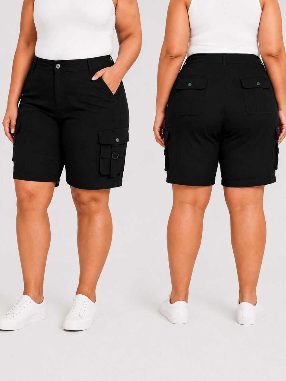 Flamingals Black Cargo Shorts Plus Size Cotton Stretch Utility Pockets 18/20